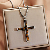 304 Stainless Steel with Natural Tiger Eye Religion Cross Pendant Necklaces FS-WG3F108-09-1