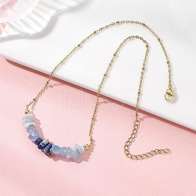 Natural Lapis Lazuli & Aquamarine Chip Beaded Pendant 304 Stainless Steel Satellite Chain Necklaces for Women NJEW-JN05608-1