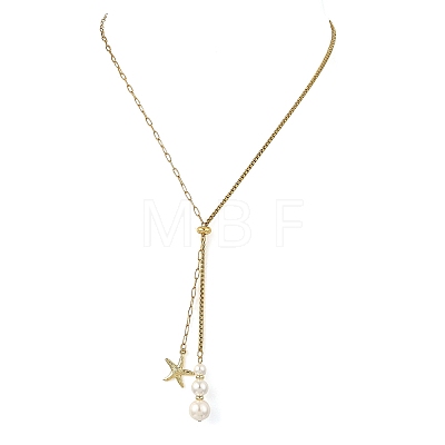 Summer Beach 304 Stainless Steel Starfish Pendant Lariat Necklaces with Shell Pearl NJEW-JN06604-01-1