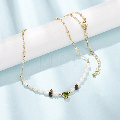 Natural Tiger Eye Chip and Rice Natural Pearl Beaded Necklaces GG-CBA3297-15G-A-1