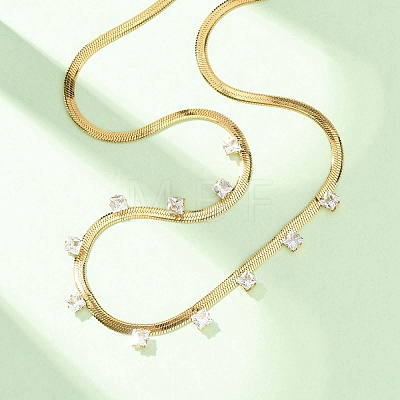 304 Stainless Steel Flat Snake Chain Necklaces with Square Cubic Zirconia NJEW-P355-02G-01-1