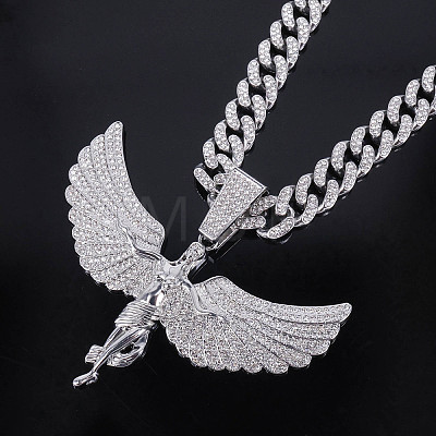 Zinc Alloy Full Crystal Rhinestone Goddess with Angel Wings Pendant Cuban Link Chain Necklaces for Women FS-WGAC8C0-02-1