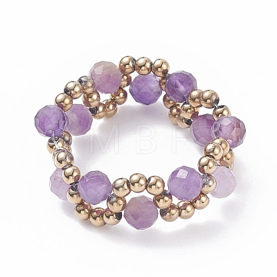 Natural Gemstone & Glass Seed Braided Bead Finger Ring RJEW-JR00465-1