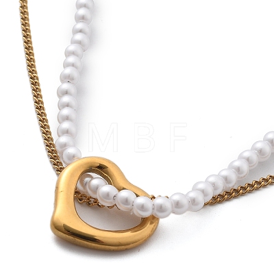 Ion Plating(IP) 304 Stainless Steel & Plastic Pearl Beaded Double Layer Necklaces NJEW-P320-25G-1