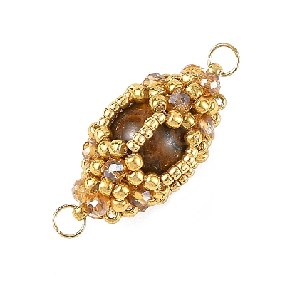 Natural Tiger Eye & Glass Seed Beads Connector Charms PALLOY-MZ01403-02-1