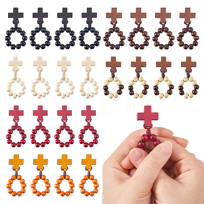 24Pcs 6 Colors Wood Cross & Round Beads Finger Rings RJEW-DC0001-24-1