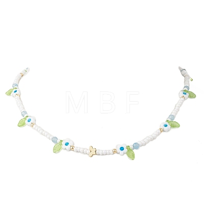 Faceted Round Dyed Natural White Jade & Flower Handmade Millefiori Glass & Glass Seed Beaded Necklaces for Women NJEW-MZ00150-03-1
