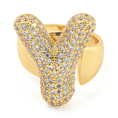 Brass Micro Pave Clear Cubic Zirconia Letter Open Cuff Ring for Women RJEW-M173-01G-Y-1