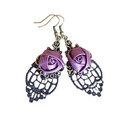 Alloy Rose Lace Ribbon Dangle Earrings FS-WGCF5EC-01-1