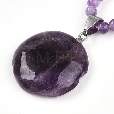 Natural Amethyst 4.5mm Round Beaded Flower Pendant Necklaces NJEW-T016-04M-1