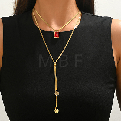 Adjustable 304 Stainless Steel Pave Cubic Zirconia Red Rectangle Pendant Double Layer Lariat Necklaces for Women TF2778-1
