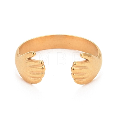 Ion Plating(IP) 304 Stainless Steel Double Hand Hug Open Cuff Ring for Women RJEW-C025-08A-G-1