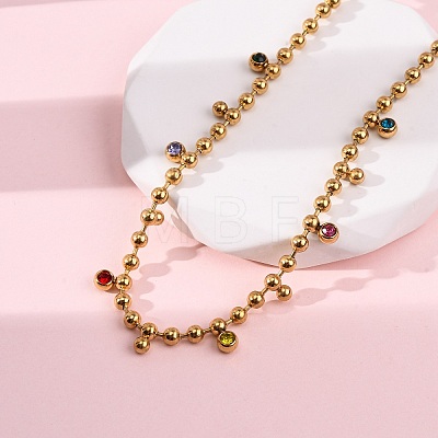 304 Stainless Steel Ball Chain Colorful Cubic Zirconia Flat Round Tassel Necklaces for Women NJEW-L157-10G-1