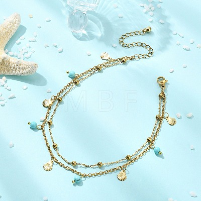 Round Natural Magnesite & Shell Shaped 304 Stainless Steel Charm 2-Strand Anklets for Women AJEW-AN00816-01-1