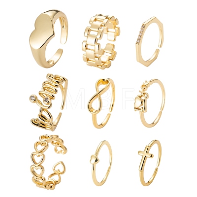 9Pcs 9 Style Brass Cuff Rings RJEW-LS0001-11G-1