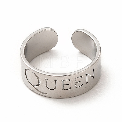 304 Stainless Steel Word Queen Open Cuff Ring for Women RJEW-B027-18P-1