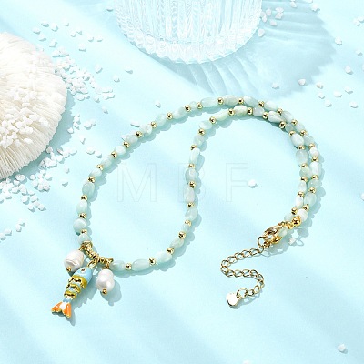 Brass Enamel Fish and Natural Pearl Rice Pendant Natural Glass Nuggets Beaded Necklaces for Women NJEW-JN06357-03-1
