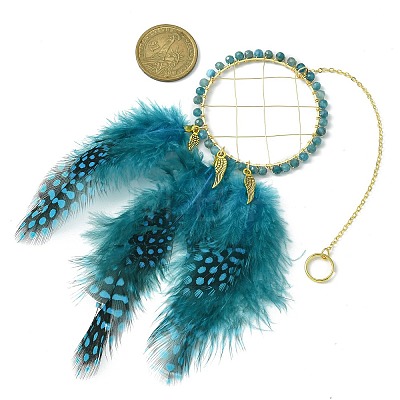 Natural Apatite Woven Net/Web with Feather Wall Hanging Decoration HJEW-JM01222-02-1