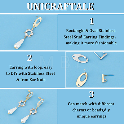 Unicraftale 40Pcs 4 Style Rectangle & Oval 304 Stainless Steel Stud Earring Findings STAS-UN0054-35-1