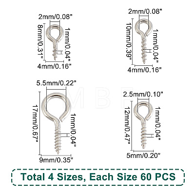240Pcs 4 Style 304 Stainless Steel Screw Eye Pin Peg Bails STAS-DC0005-01-1