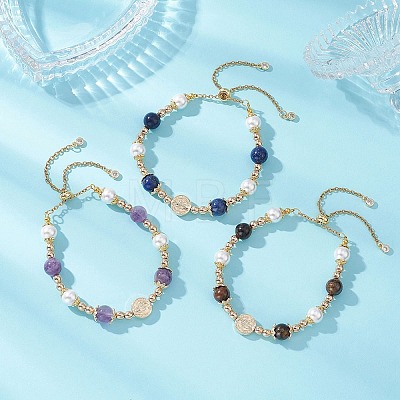 Round Brass & Shell Pearl & Synthetic Hematite & Natural Amethyst/Natural Tiger Eye/Natural Lapis Lazuli Beads Slider Bracelets for Women BJEW-JB12940-1