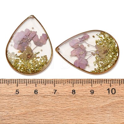Brass & Transparent Epoxy Resin & Dried Flower Pendants RESI-G133-04G-03-1