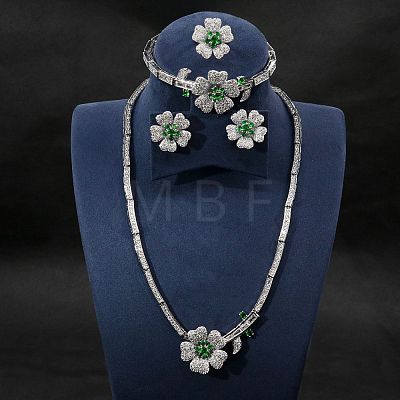 Flower Brass Micro Pave Cubic Zirconia Pendant Necklaces & Stud Earrings & Rings & Bracelets Sets WG9A1B1-03-1