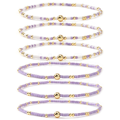 6Pcs Handmade Glass Seed Bead & Brass Beads Stretch Bracelets XZ6120-3-1