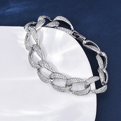 Brass Micro Pave Clear Cubic Zirconia Curb Chain Bracelets for Women BJEW-A034-04B-P-1