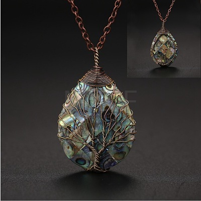 Double Sided Natural Paua Shell Copper Wire Wrapped Tree of Life Teardrop Pendant Necklaces FS-WG9357B-01-1