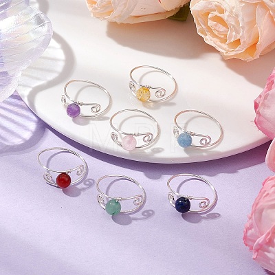 7Pcs 7 Styles Chakra Round Natural & Synthetic Gemstone Finger Rings RJEW-JR00747-1