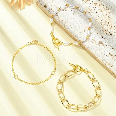 3Pcs 3 Style Aluminium Paperclip & Brass Curb & Imitation Pearl Acrylic Beaded Link Chain Bracelets Set BJEW-FS0001-08-1