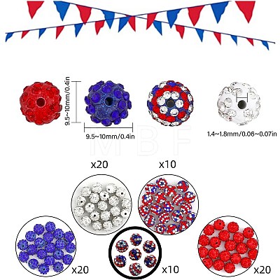 80Pcs 5 Style Independence Day Theme Polymer Clay Rhinestone Round Beads RB-FH0001-07-1