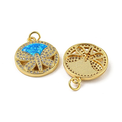 Flat Round with Dragonfly Brass Pendants Micro Pave Cubic Zirconia with Synthetic Opal KK-K356-06G-1