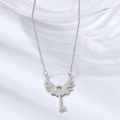 Brass Micro Pave Clear Cubic Zirconia Winged Key Pendant Necklaces CU-CBABA66-13P-1