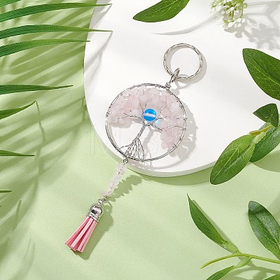 Tree of Life Alloy Natural Rose Quartz & Synthetic Moonstone Keychain KEYC-JKC00987-01-1