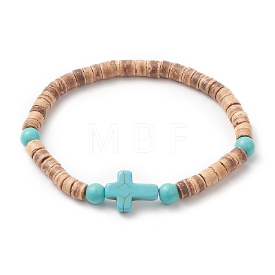 Coconut & Cross Dyed Synthetic Turquoise Beaded Stretch Bracelet for Men Women BJEW-JB09293-1