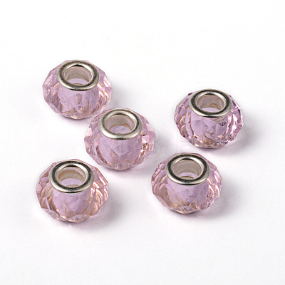 Pink European Style Iron Silver Tone Core Faceted Rondelle Glass Large Hole Beads for DIY Jewelry Bracelets & Necklaces Making X-GDA001-65-1