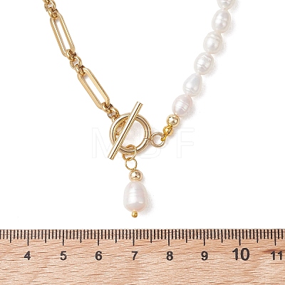 304 Stainless Steel Figaro Chain Natural Cultured Freshwater Pearl Rice Beaded Necklaces with OT Clasps NJEW-JN05959-01-1