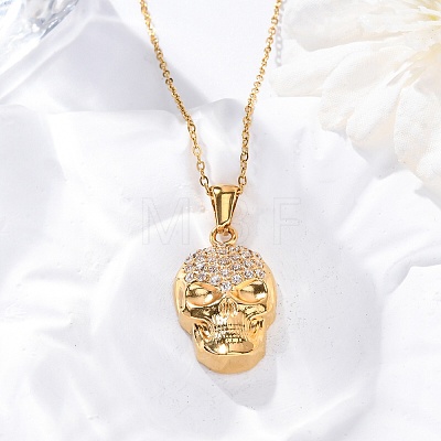 304 Stainless Steel Crystal Rhinestone Skull Pendant Necklaces NJEW-Z057-03A-G-1