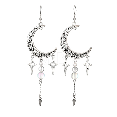 Natural Quartz Crystal & Synthetic Moonstone Beads & Alloy Pendant Chandelier Earrings EJEW-TA00814-1