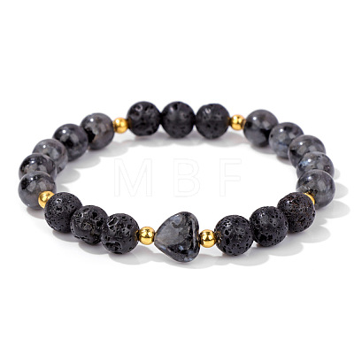 Heart & Round Natural Lava Rock Bead Stretch Bracelets MK5607-2-1