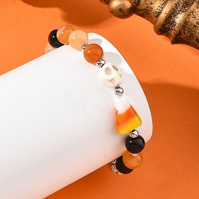 Halloween Handmade Lampwork Candy Corn & Round Natural Carnelian & Dyed Synthetic Turquoise Skull Beaded Stretch Bracelets BJEW-TA00756-1