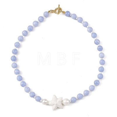 Ocean Handmade Porcelain Starfish & Natural Dyed Blue Lace Agate Round Beaded Necklaces with Brass OT Clasps for Women NJEW-JN06525-1