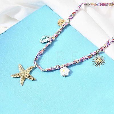 304 Stainless Steel Starfish Sun Heart & Ceramic Fish Flower Pendant Printed Polyester Cord Necklaces for Women NJEW-A063-08G-1