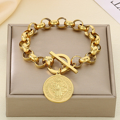 Flat Round with St Benedict 304 Stainless Steel Rolo Chain Charm Bracelets FS-WGC58E4-04-1
