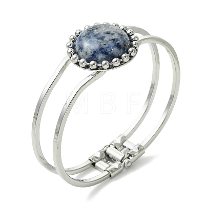 Natural Mixed Stone Flat Round Brass Hinged Cuff Bangles BJEW-JB14317-1