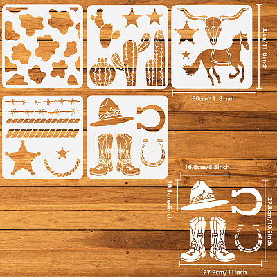 5Pcs 5 Styles Western Theme PET Hollow Out Drawing Painting Stencils DIY-WH0394-0147-1