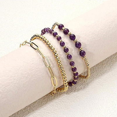 4Pcs 4 Styles Natural Amethyst & Brass Round Beads Stretch Bracelets & Paperclip Chain Bracelets for Women VT5257-1-1