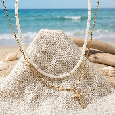 Beach Vacation Style Stainless Steel Religion Cross Pendant Natural White Jade Heishi Beaded Double Layer Necklaces for Women QG1443-1